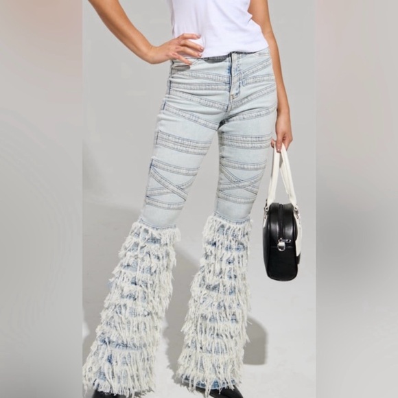 AKIRA Light Blue Fringed Flare Jeans - Picture 4 of 6